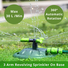 Load image into Gallery viewer, Vinka 360° Automatic Rotating Garden Sprinkler VARS-396 | 3 Adjustable Arms with Multi-Angle Spray | Strong and Durable Base | Wide Coverage up to 6.2m | For Efficient & Even Watering of Gardens and Lawns
