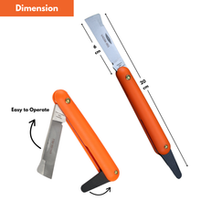 Load image into Gallery viewer, Orange folding knife with measurements and text on a white background