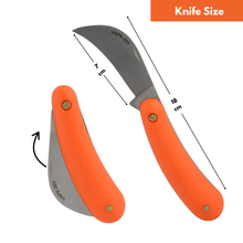 Load image into Gallery viewer, Orange-handled knife with measurements on a white background