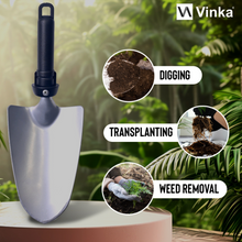 Load image into Gallery viewer, Gardening trowel with Vinka branding and usage scenarios on a blurred green background