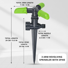 Load image into Gallery viewer, 3-arm revolving sprinkler with spike and measurements on a white background