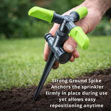 Load image into Gallery viewer, Hand holding a garden sprinkler with a strong ground spike, set against a grassy background.
