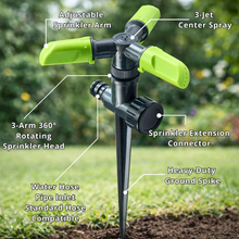 Load image into Gallery viewer, features of 3 arm revolving sprinkler
heavy duty, adjustable sprinkler arm, rotating sprinkler