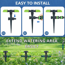 Load image into Gallery viewer, Garden irrigation system with installation steps and text 'Easy to Install' and 'Extend Watering Area Easily'.