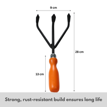 Load image into Gallery viewer, Gardening tool with orange handle and black prongs, measurements indicated,