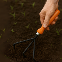 Load image into Gallery viewer, Hand holding a garden fork with an orange handle in soil
