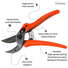 Load image into Gallery viewer, Orange garden pruner with labeled features on a white background, featuring the Vinka brand.