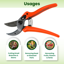 Load image into Gallery viewer, Orange garden pruner with usage icons on a light green background