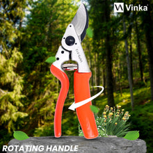 Load image into Gallery viewer, Vinka brand rotating handle pruning shears with orange handles, positioned on a rock with a blurred green background. The shears have steel blades and the handles are designed to rotate 180 degrees for comfort.