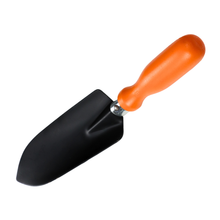 Load image into Gallery viewer, Gardening trowel with black blade and orange handle on a white background