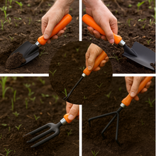 Load image into Gallery viewer, Collage of hands using a garden trowel, transplanter, cultivator, hand weeder, and weeding fork in soil