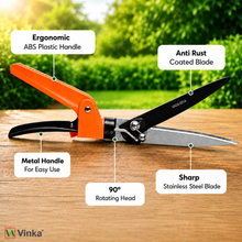 Load image into Gallery viewer, Grass shears with labeled features on a wooden surface with a blurred green background