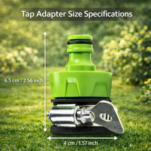 Load image into Gallery viewer, Green tap adapter with measurements on a grass background