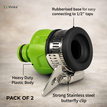 Load image into Gallery viewer, Green garden hose connector with labeled features on a neutral background