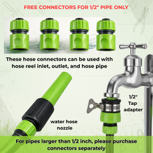 Load image into Gallery viewer, Free Connectors for only 1/2 inch water pipe
includes
1/2 inch hose connectors - 4pc
1/2 inch tap adapter - 1 pc
1/2 inch water nozzle - 1 pc
and wall mounting fixtures