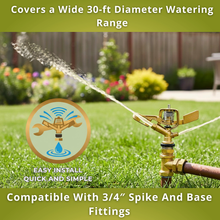 Load image into Gallery viewer, Sprinkler system in a garden with text highlighting features and compatibility.