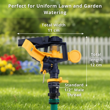 Load image into Gallery viewer, Sprinkler with measurements and text about uniform lawn and garden watering, set against a garden background.