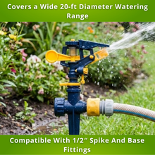 Load image into Gallery viewer, Garden sprinkler spraying water in a garden with text about coverage and compatibility.