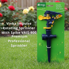 Load image into Gallery viewer, Vinka Impulse Rotating Sprinkler with Spike on a green packaging against a garden background