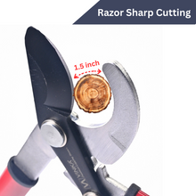 Load image into Gallery viewer, Pruning shears with a close-up of a cut branch, emphasizing 'Razor Sharp Cutting' feature.