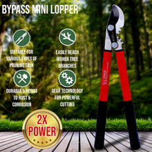 Load image into Gallery viewer, Gardening tool, bypass mini lopper, with features listed on a blurred green background.