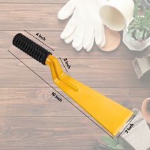 Load image into Gallery viewer, Yellow Khurpi garden tool with measurements on a wooden surface
