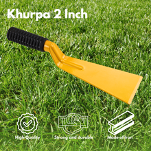 Load image into Gallery viewer, YellowGarden Khurpi with black handle on grass, labeled 'Khurpa 2 Inch', with quality and durability icons.