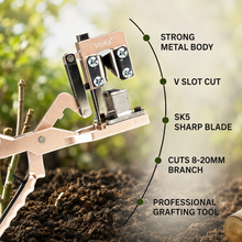 Load image into Gallery viewer, A close-up of a Vinka grafting tool being used on a branch in soil, with feature callouts on the right reading 'Strong Metal Body,' 'V Slot Cut,' 'SK5 Sharp Blade,' 'Cuts 8-20mm Branch,' and 'Professional Grafting Tool.'.