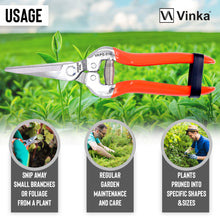 Load image into Gallery viewer, Vinka Pruning Snip Secateur Pruner | Item Code VAPS-10 | Garden Cutter Flower Fruit Snip | Stainless Steel Serrated 7.5" Blades