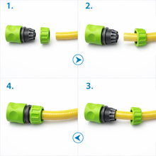 Load image into Gallery viewer, Step-by-step guide on how to connect a green garden hose fitting to a yellow garden hose.