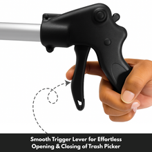 Load image into Gallery viewer, Hand holding a black trash picker with a smooth trigger lever