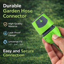 Load image into Gallery viewer, Green garden hose connector held by a hand with text highlighting features high quality , leak proof, universal fit 1/2 inch, 3/4 inch, 5/8 inch hose pipes
easy quick secure connection