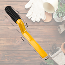 Load image into Gallery viewer, Yellow Vinka Khurpa with black handle on a wooden surface, showing measurements.