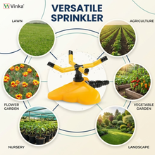 Load image into Gallery viewer, Versatile Sprinkler by Vinka shown in the center of an infographic with circular photos of lawn, agriculture, flowers, vegetable garden, nursery, and landscape, under the heading 'VERSATILE SPRINKLER'.