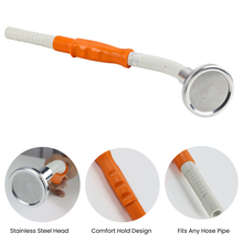 Load image into Gallery viewer, Handheld shower head with orange and white design, featuring stainless steel head, comfort hold design, and compatibility with hose pipes.