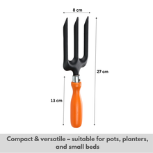 Load image into Gallery viewer, Garden tool with black head and orange handle, shown with measurements.