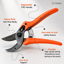 Load image into Gallery viewer, Vinka Anvil Roll Cut Type Curved Blade 8" (Inch) New Design Pruning Shear Heavy Duty Apple Tree Thinning, Item Code: VAPS-022.  SK5 Steel Blade Metal Zinc Anvil, Secateur. One Hand Pruner Professional Roll-Cut Orchard Branch Cutter
