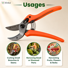 Load image into Gallery viewer, Vinka Anvil Roll Cut Type Curved Blade 8" (Inch) New Design Pruning Shear Heavy Duty Apple Tree Thinning, Item Code: VAPS-022.  SK5 Steel Blade Metal Zinc Anvil, Secateur. One Hand Pruner Professional Roll-Cut Orchard Branch Cutter
