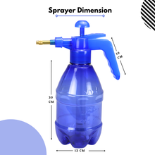 Load image into Gallery viewer, Blue sprayer bottle with dimensions labeled on a white background
