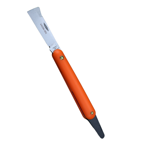 Orange-handled knife with a silver blade on a white background
