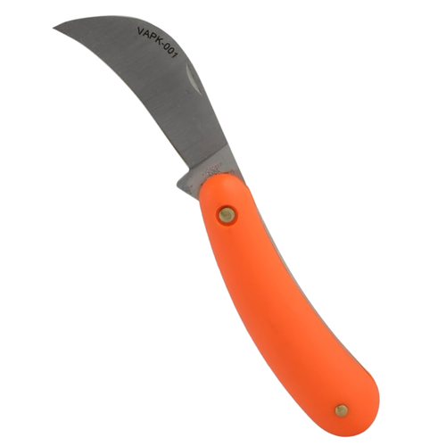 Folding knife with orange handle and silver blade on a white background