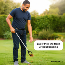 Load image into Gallery viewer, Man using a trash picker tool in a garden with text &#39;Easily Pick the trash without bending&#39; and product code &#39;VAPR-002&#39;.
