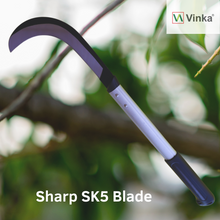 Load image into Gallery viewer, A curved gardening sickle with a sharp SK5 blade, featuring a white handle with black and purple accents, set against a blurred outdoor background of green leaves and branches. The Vinka brand logo is visible in the top right corner, and the text 'Sharp SK5 Blade' is displayed at the bottom.
