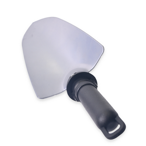 Silver hand trowel with black handle on a white background
