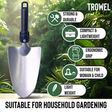 Load image into Gallery viewer, Trowel with gardening features listed on a green leafy background
