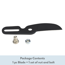 Load image into Gallery viewer, Black blade with a set of nut and bolt on a white background
