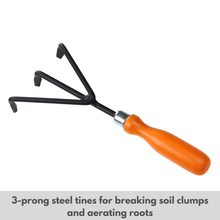 Load image into Gallery viewer, Gardening tool with orange handle and black prongs 
