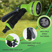 Load image into Gallery viewer, Garden hose nozzle with multiple spray patterns and ergonomic handle on a green background
