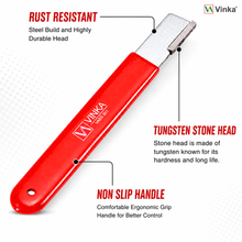 Load image into Gallery viewer, Vinka blade sharpener features. Rust Restitant, Non slip handle, Tungsten stone head, Heavy Duty Body with protective cover for head

