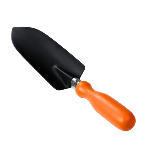 Gardening trowel with black head and orange handle 